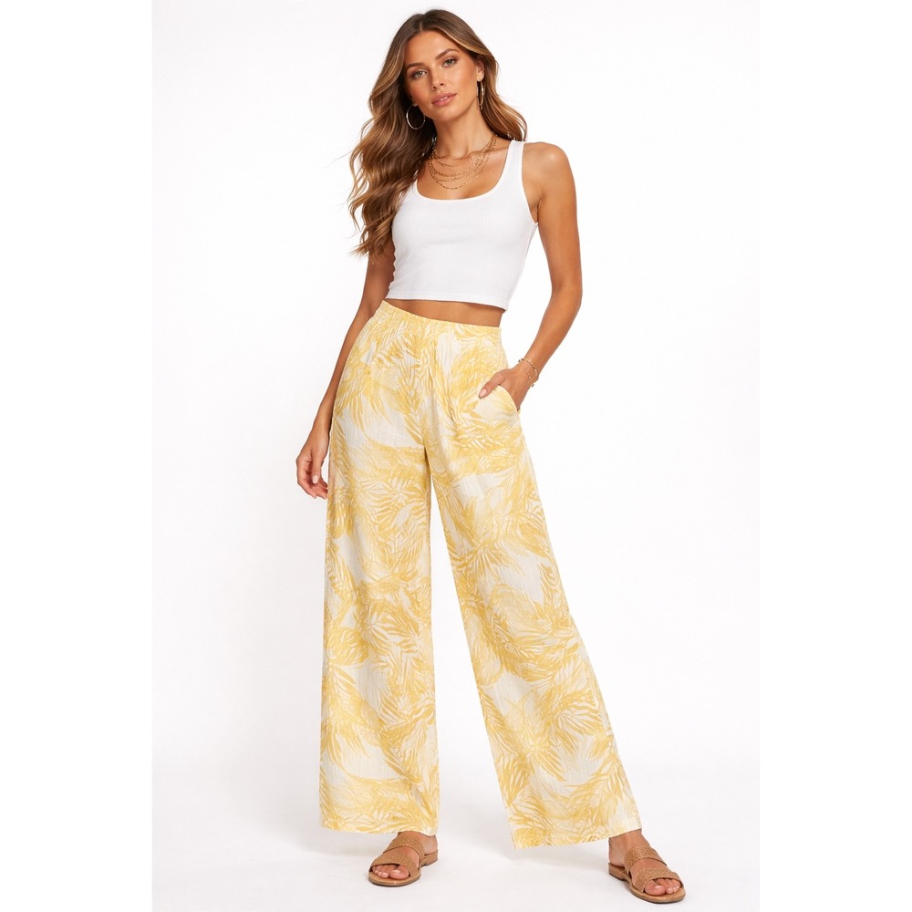 Nanette Lepore Tropical Palm Print Wide Leg Pants Yellow White Small Smocked